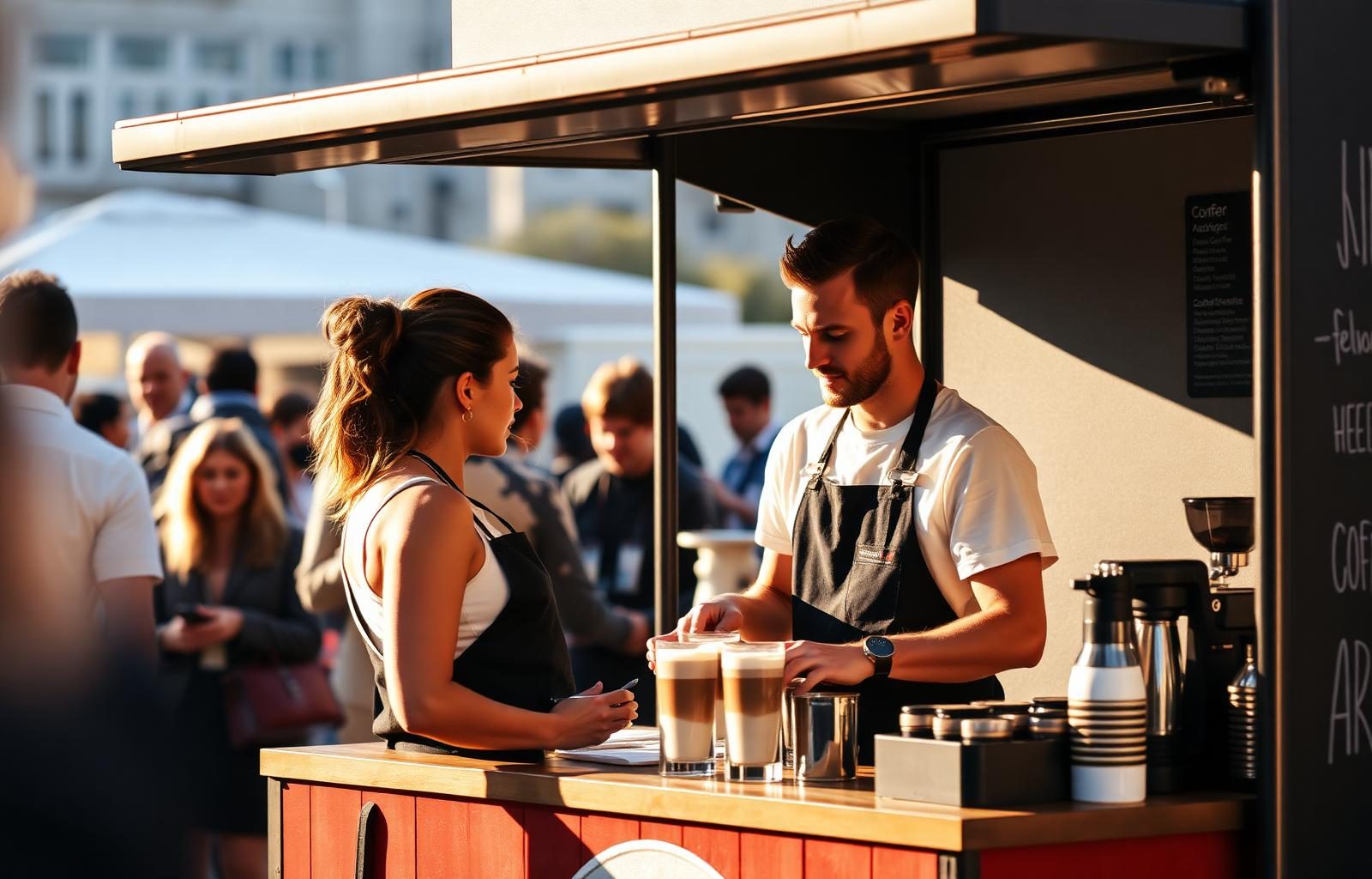 DRAFT. baristas serving specialty coffee from a mobile event bar